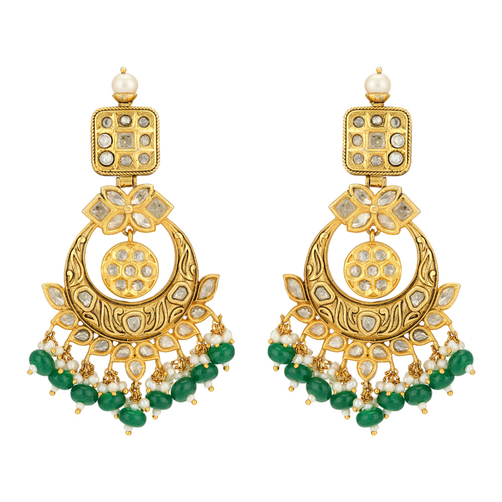 Traditional chandbaali 925 Gold Plated green Beads Drop Earrings