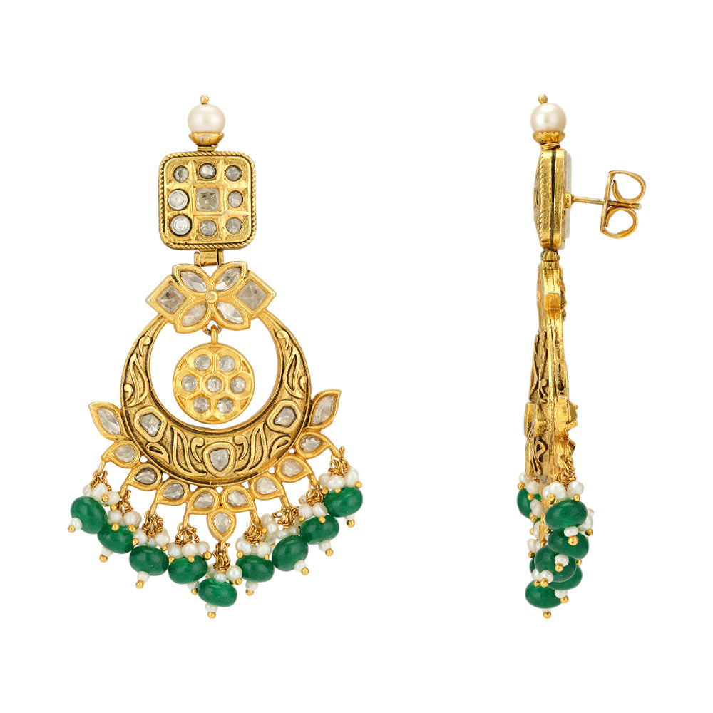 Traditional chandbaali 925 Gold Plated green Beads Drop Earrings