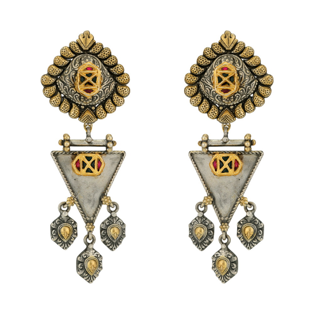Traingle Egde Charm Drop 925 Dual Tone Earrings