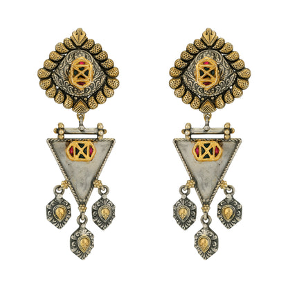 Traingle Egde Charm Drop 925 Dual Tone Earrings