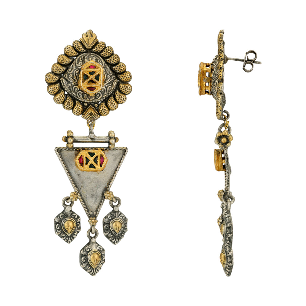 Traingle Egde Charm Drop 925 Dual Tone Earrings