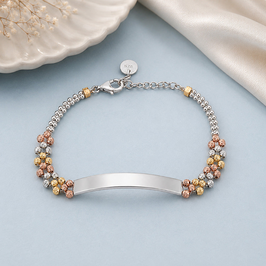 Tri-Tone Bead Plate Silver ID Bracelet