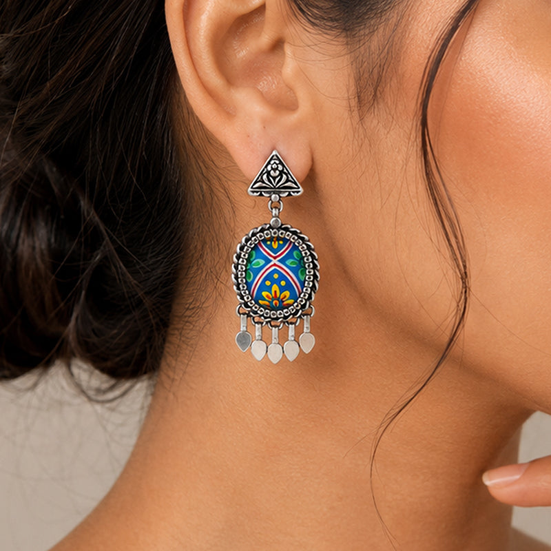 Triangle Folk 925 Sterling Silver Oxidised Drop Earrings