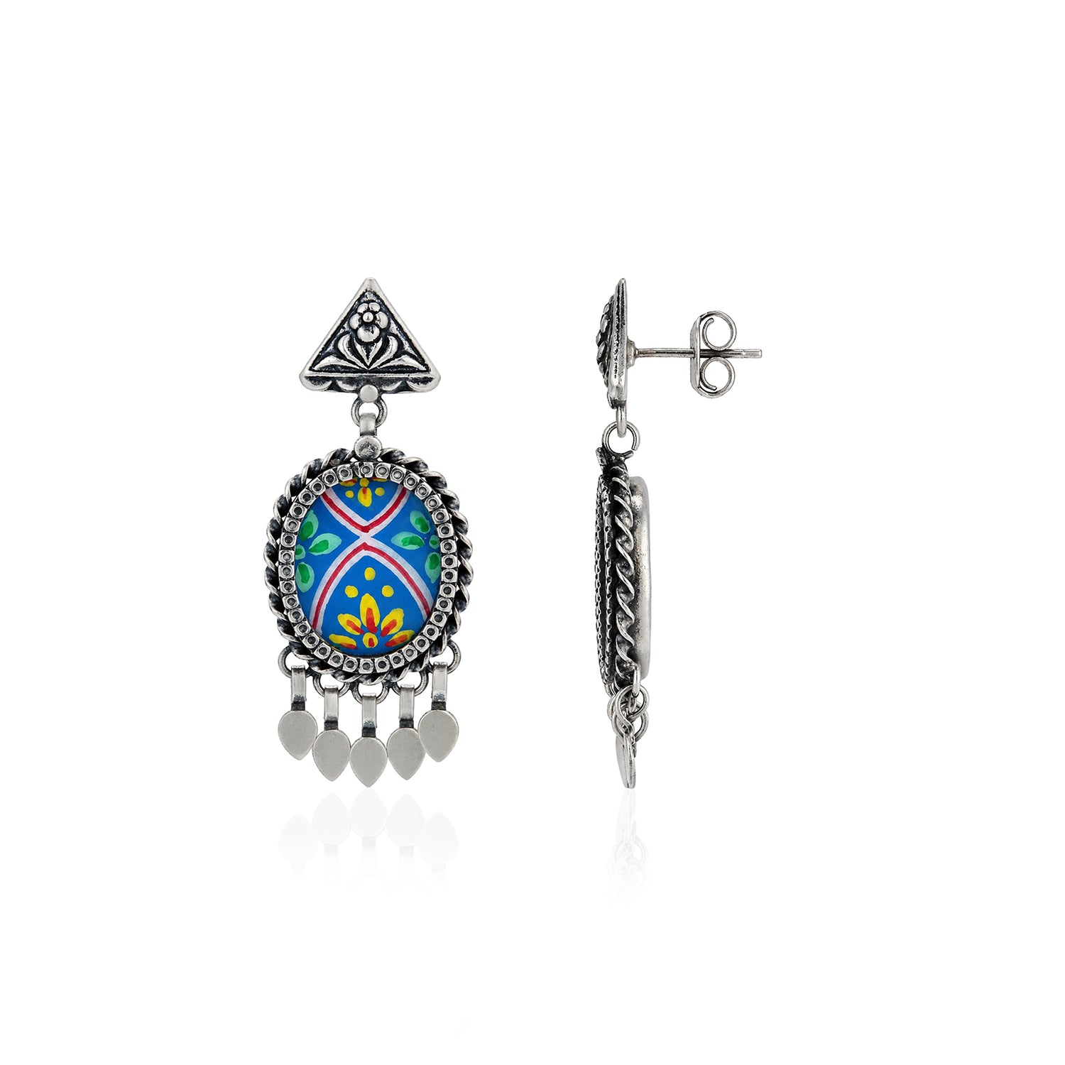 Triangle Folk 925 Sterling Silver Oxidised Drop Earrings