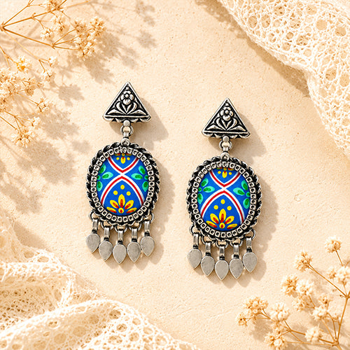 Triangle Folk 925 Sterling Silver Oxidised Drop Earrings