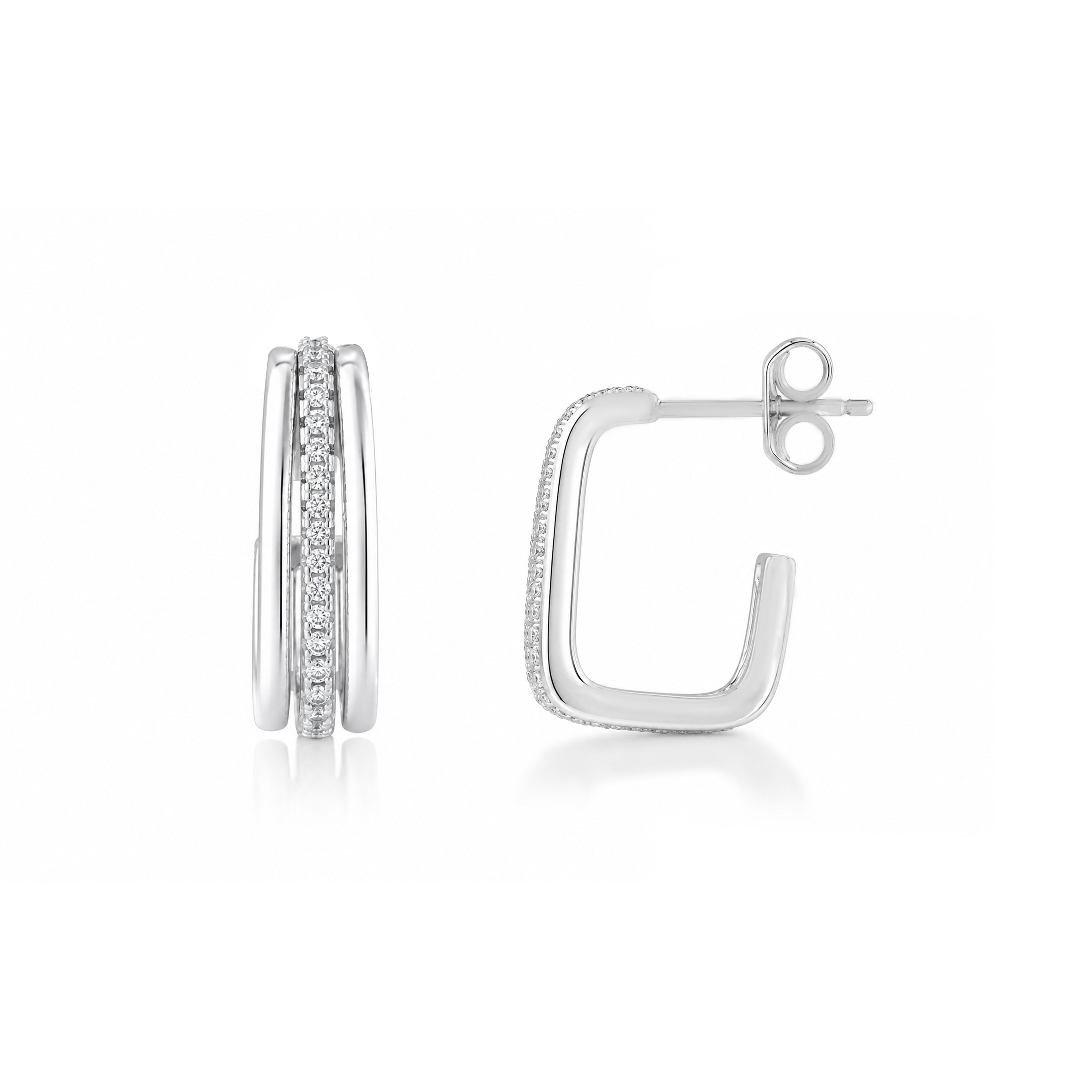 Triple Band 925 Sterling Silver Crystal Hoop Earrings