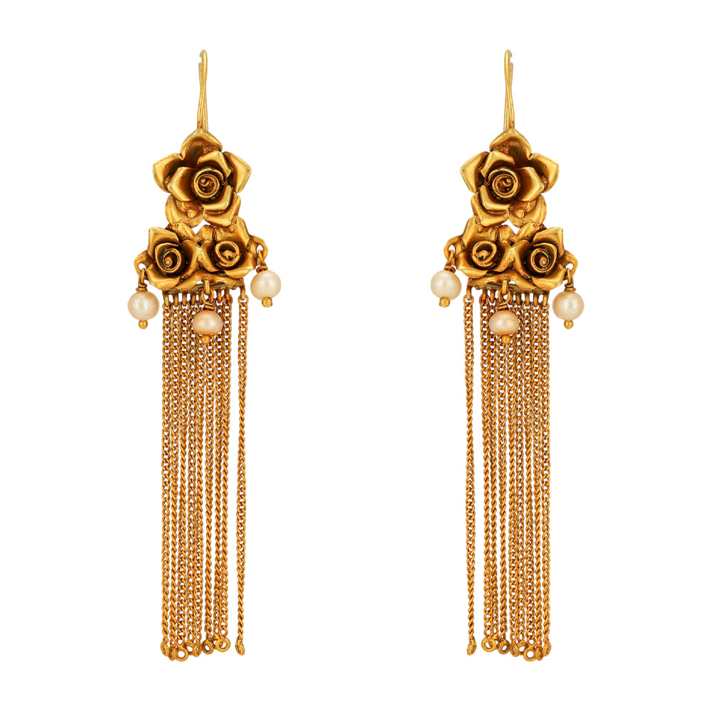 Triple Rose 925 Gold Plated Long Chain Fall Earrings