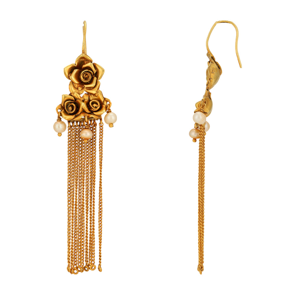 Triple Rose 925 Gold Plated Long Chain Fall Earrings