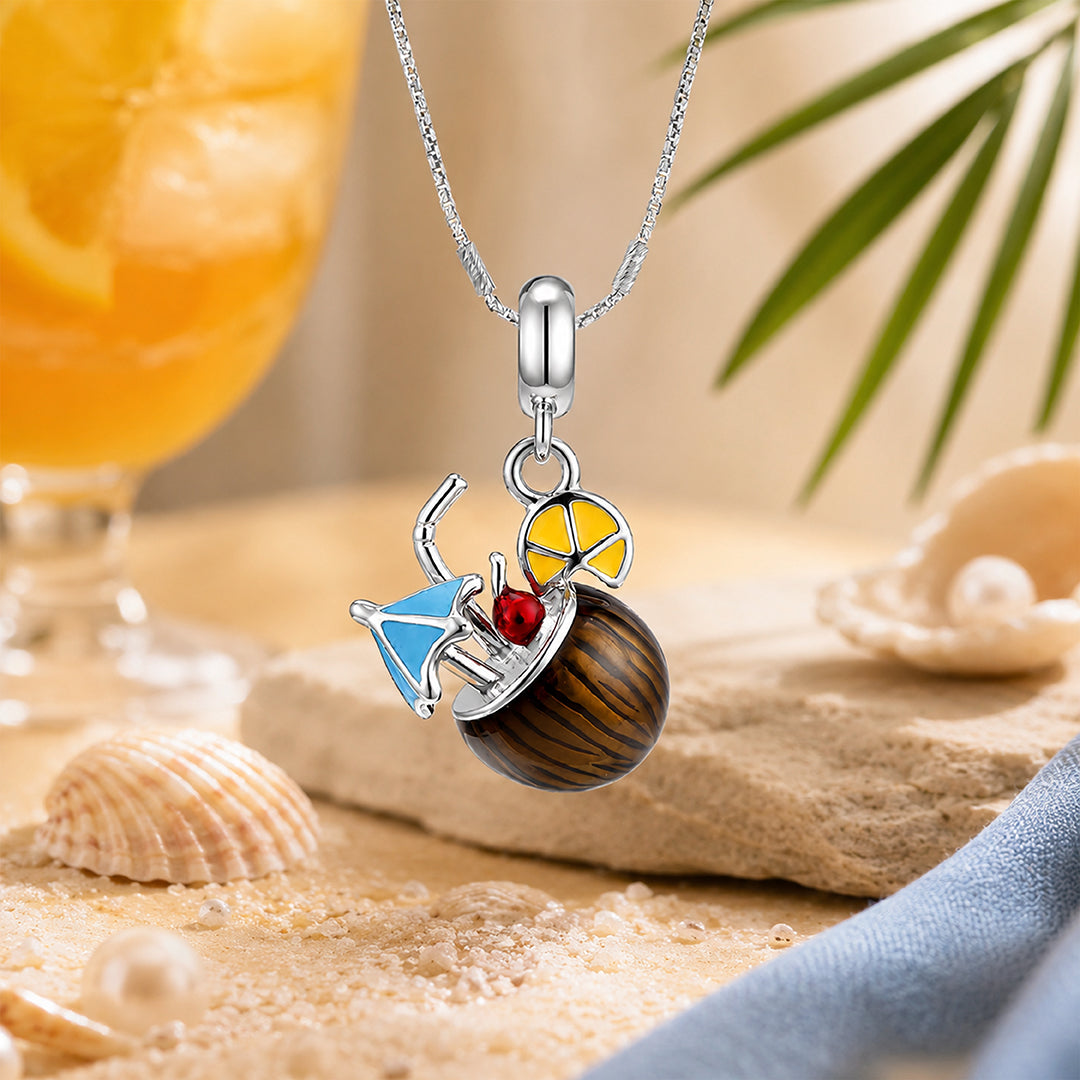 Tropical Coconut Cocktail 925 Sterling Silver Charm for Kids