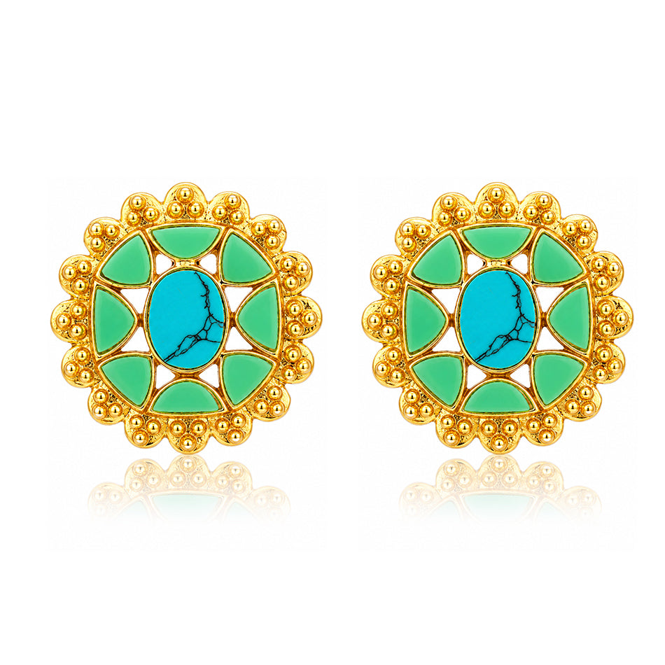 Turquoise Bloom Motif 925 Sterling Silver Stud Earrings