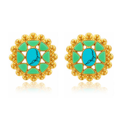 Turquoise Bloom Motif 925 Sterling Silver Stud Earrings