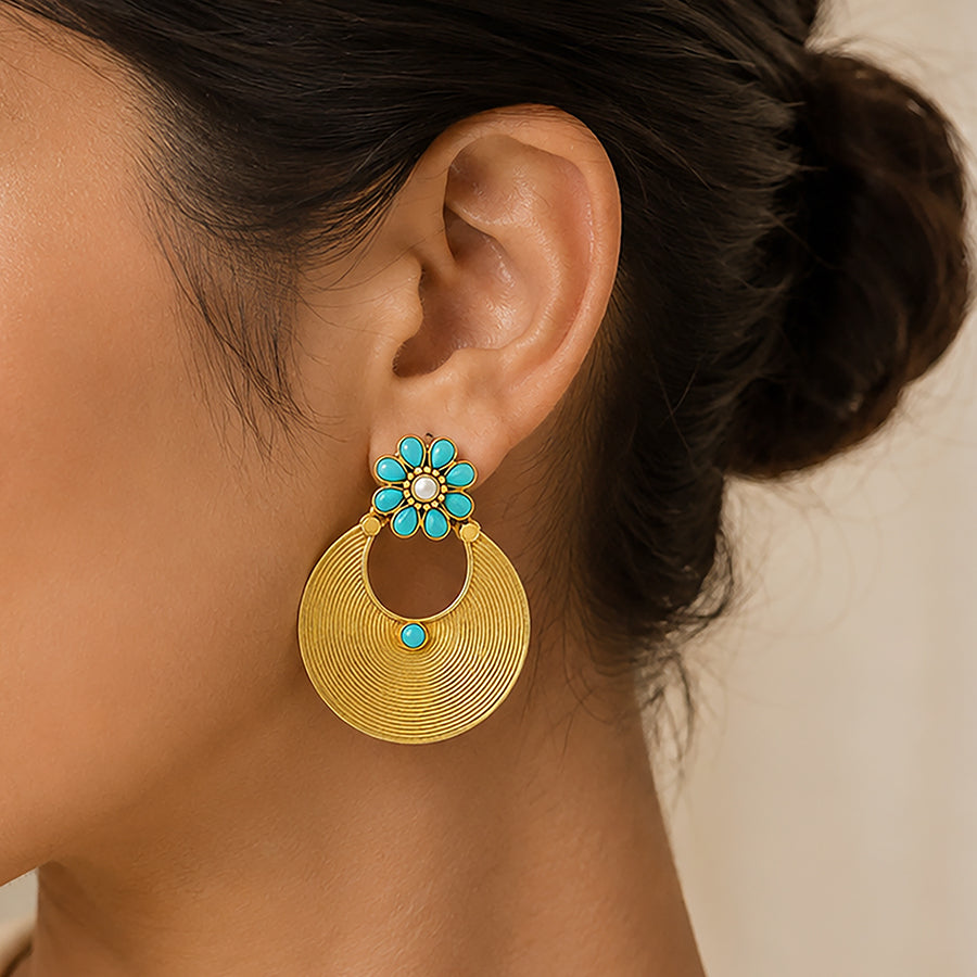 Turquoise Bloom 925 Sterling Silver Golden Halo Earrings