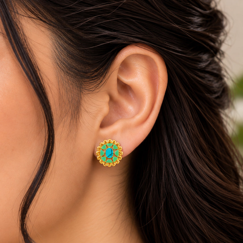 Turquoise Bloom Motif 925 Sterling Silver Stud Earrings