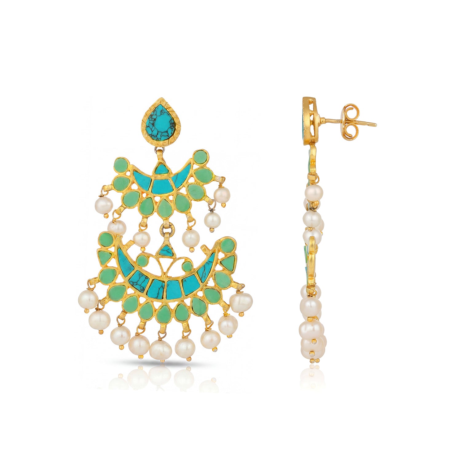 Turquoise Chandbali Golden Pearl 925 Sterling Silver Earring