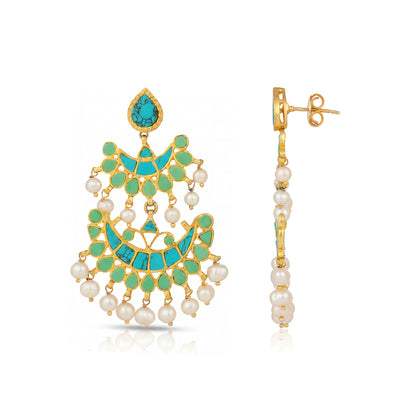 Turquoise Chandbali Golden Pearl 925 Sterling Silver Earring