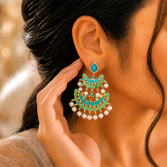 Turquoise Chandbali Golden Pearl 925 Sterling Silver Earring