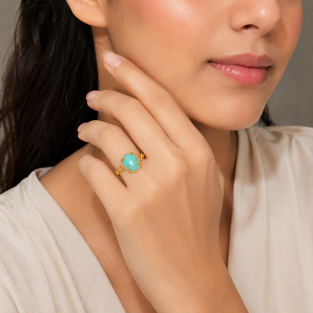 Turquoise Crown Golden Chain Artistic Statement Designer Ring