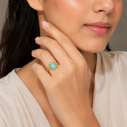 Turquoise Crown Golden Chain Artistic Statement Designer Ring