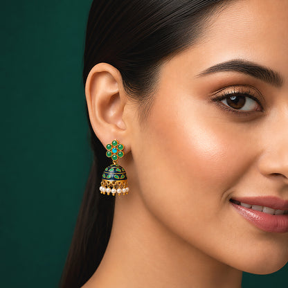 Turquoise Dome 925 Sterling Silver Pearl Jhumka Earrings