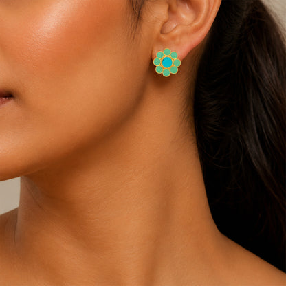 Turquoise Floral Bloom 925 Sterling Silver Stud Earrings