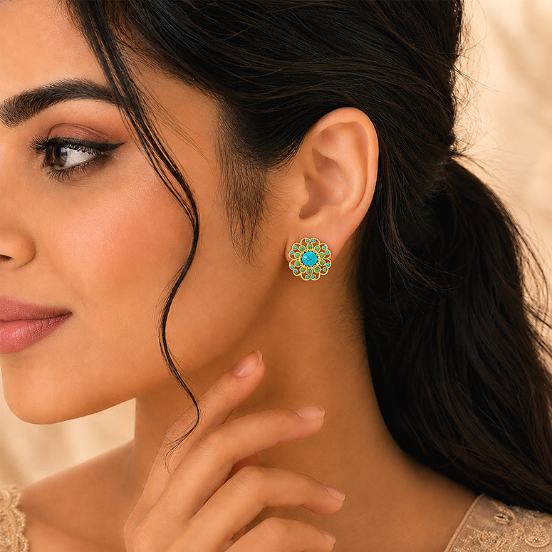 Turquoise Floral Halo 925 Sterling Silver Statement Earring