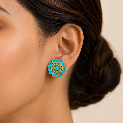 Turquoise Floral Halo Silver Stud Earrings