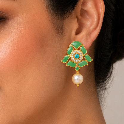 Turquoise Halo 925 Sterling Silver Pearl Drop Earrings