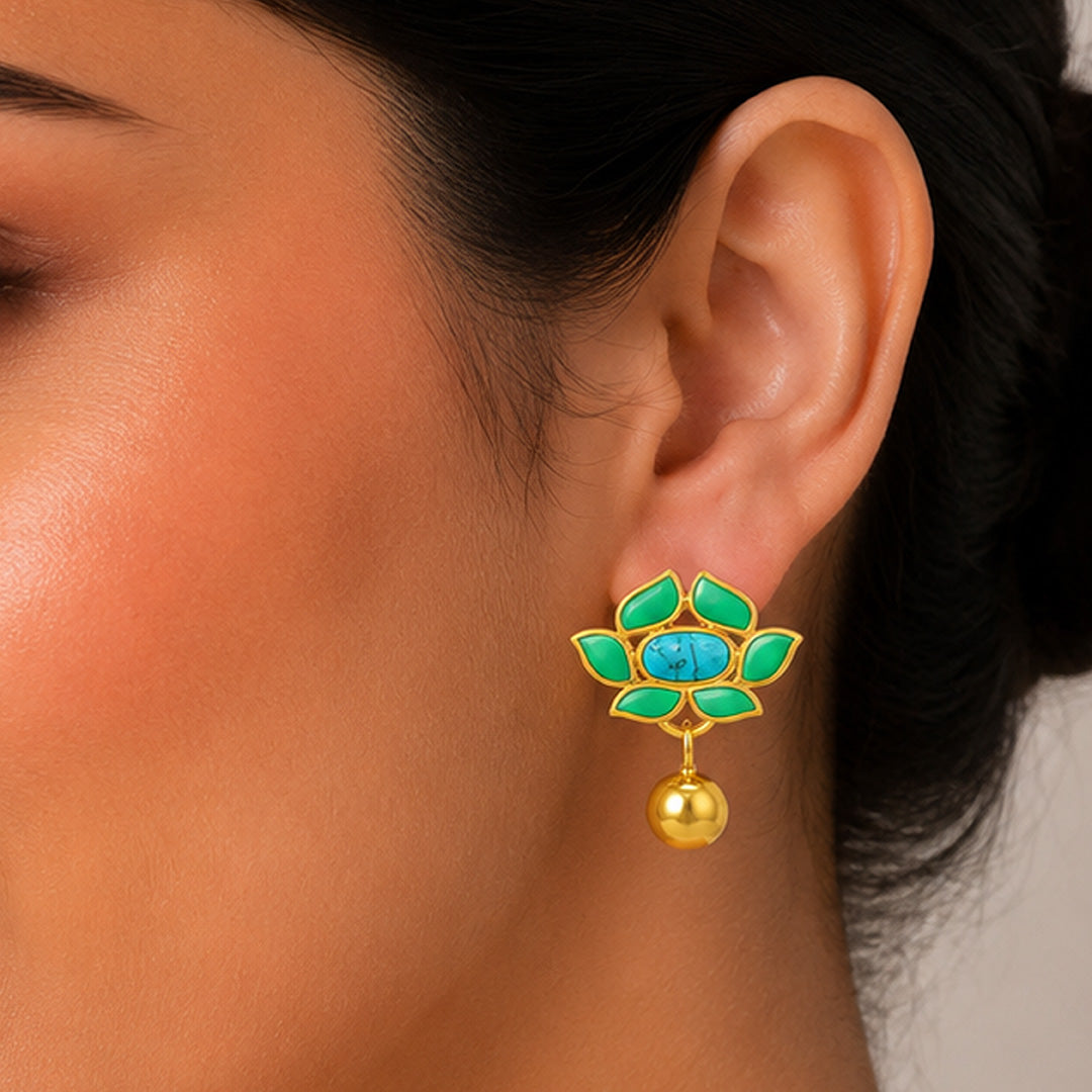 Turquoise Lotus Green Petal 925 Sterling Silver Golden Drop Earrings