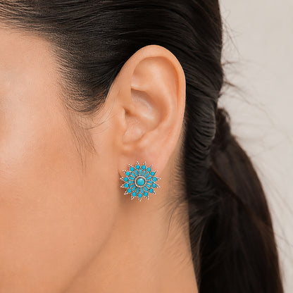 Turquoise Oxidized Silver Sunburst Stud Earrings