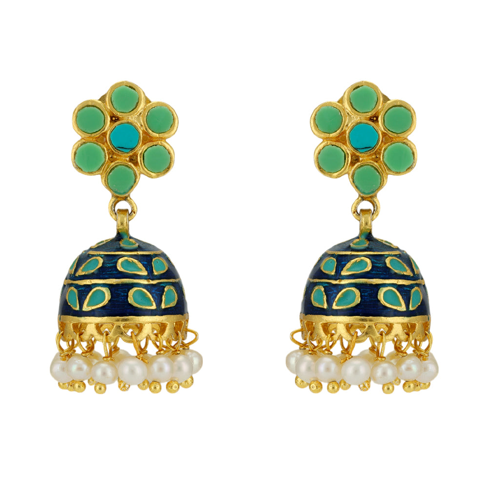 Turquoise 925 Gold Plated Pearl Drop Jhumka Earrings