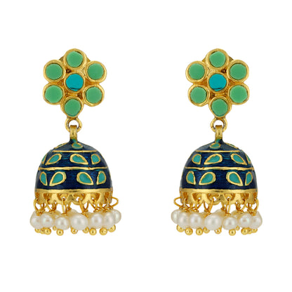 Turquoise 925 Gold Plated Pearl Drop Jhumka Earrings