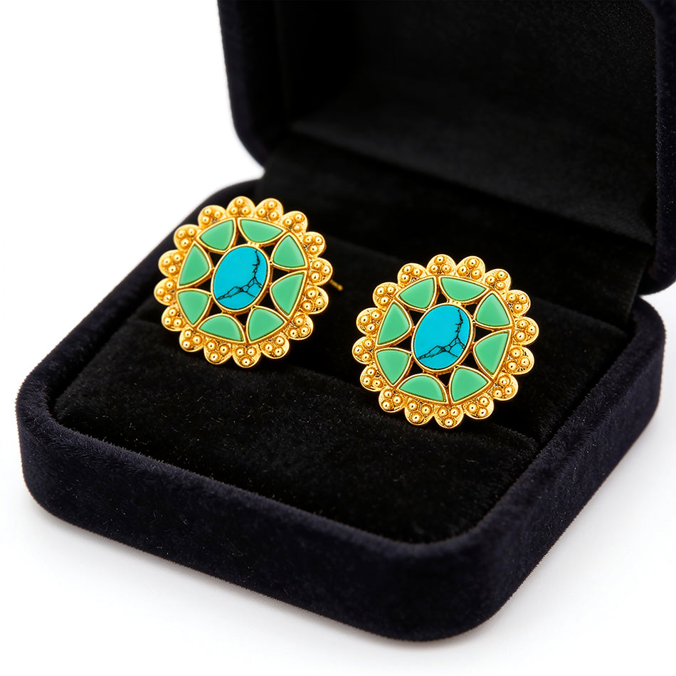 Turquoise Bloom Motif 925 Sterling Silver Stud Earrings