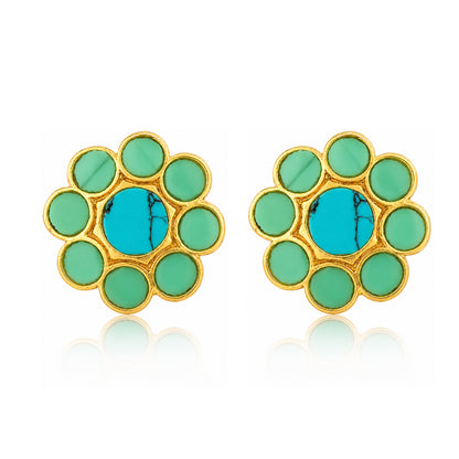 Turquoise Chakra 925 Sterling Silver Floral Stud Earrings