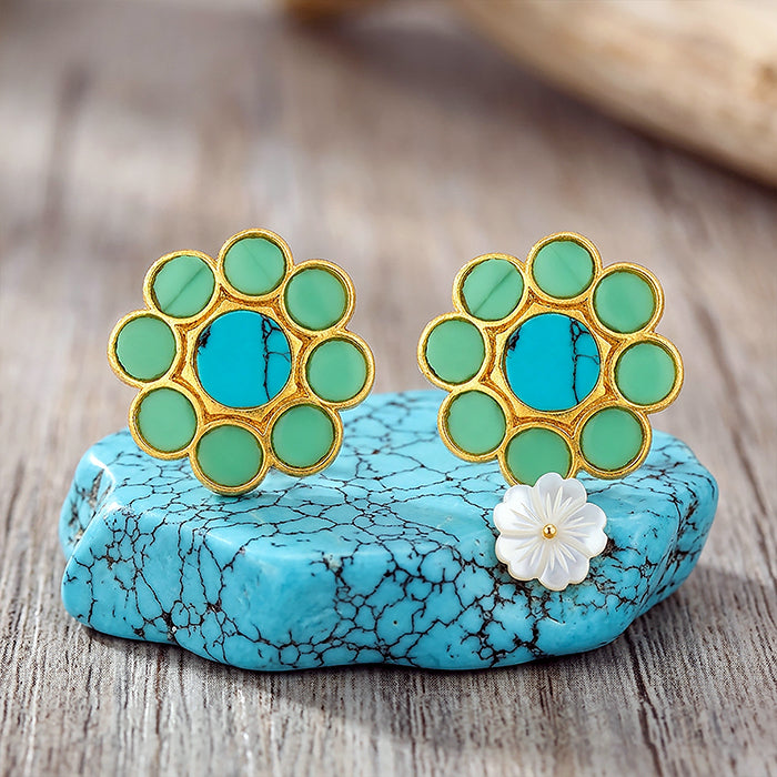 Turquoise Chakra 925 Sterling Silver Floral Stud Earrings