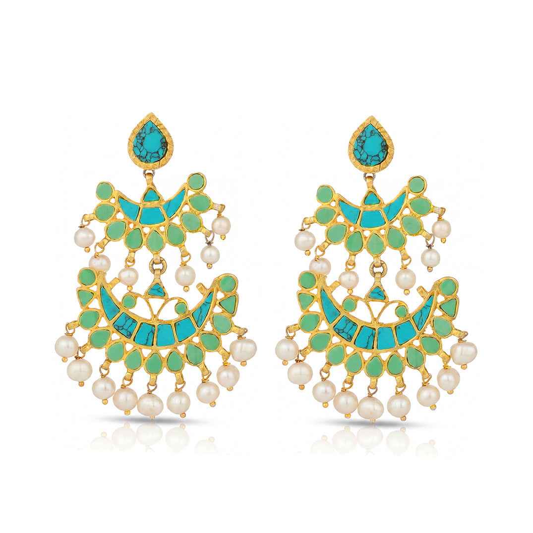 Turquoise Chandbali Golden Pearl 925 Sterling Silver Earring