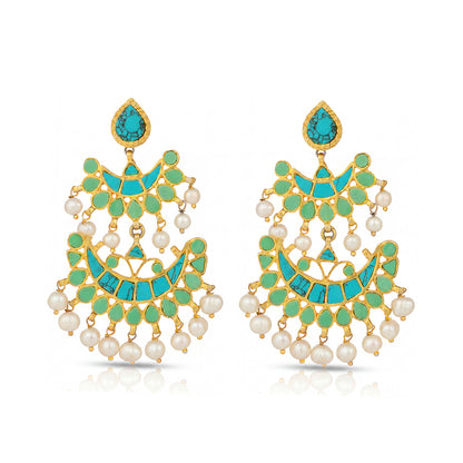 Turquoise Chandbali Golden Pearl 925 Sterling Silver Earring