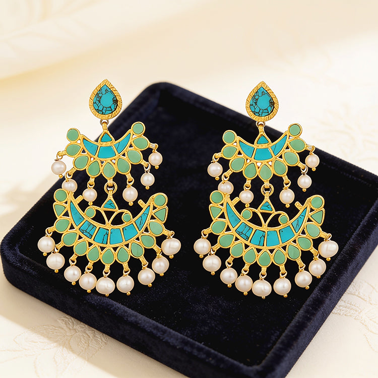 Turquoise Chandbali Golden Pearl 925 Sterling Silver Earring