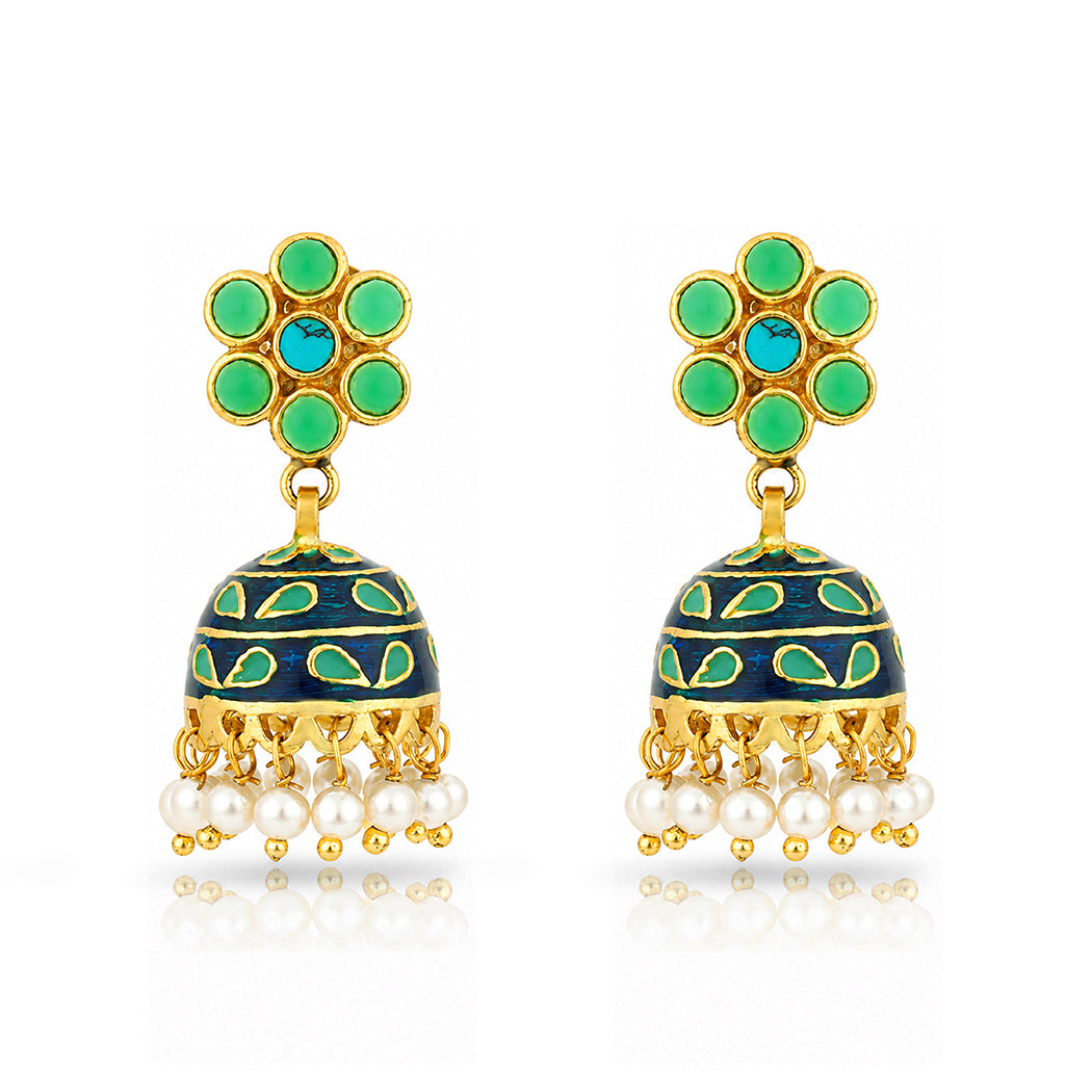 Turquoise Dome 925 Sterling Silver Pearl Jhumka Earrings