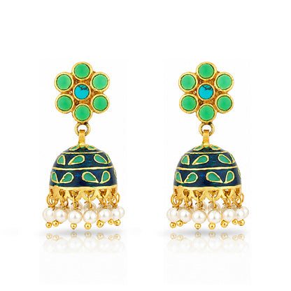 Turquoise Dome 925 Sterling Silver Pearl Jhumka Earrings