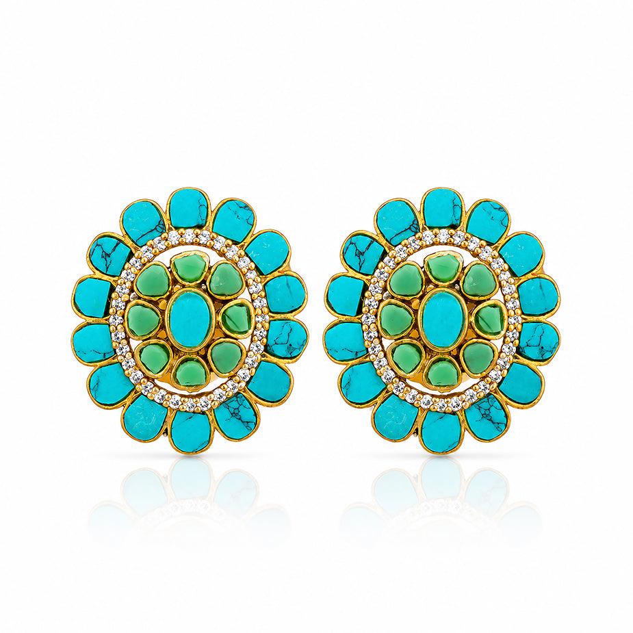 Turquoise Floral Halo Silver Stud Earrings
