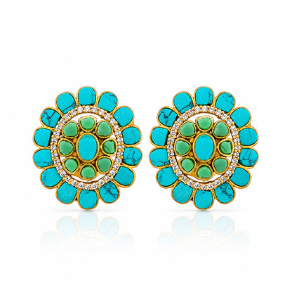 Turquoise Floral Halo Silver Stud Earrings