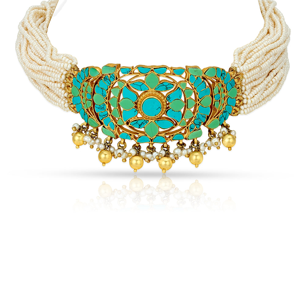 Turquoise Floral Kundan 925 Sterling Silver Pearl Necklace