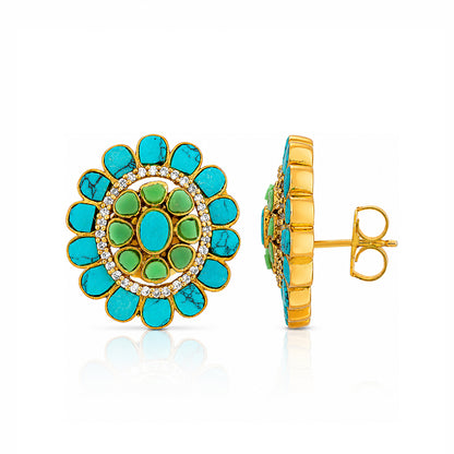 Turquoise Floral Halo Silver Stud Earrings