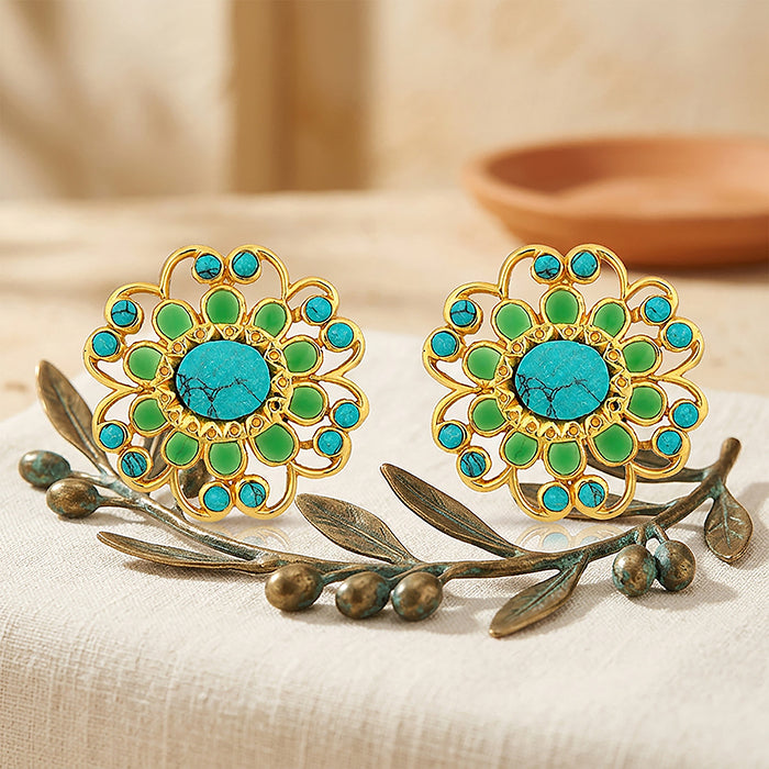 Turquoise Floral Halo 925 Sterling Silver Statement Earring