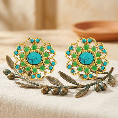 Turquoise Floral Halo 925 Sterling Silver Statement Earring