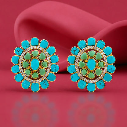 Turquoise Floral Halo Silver Stud Earrings