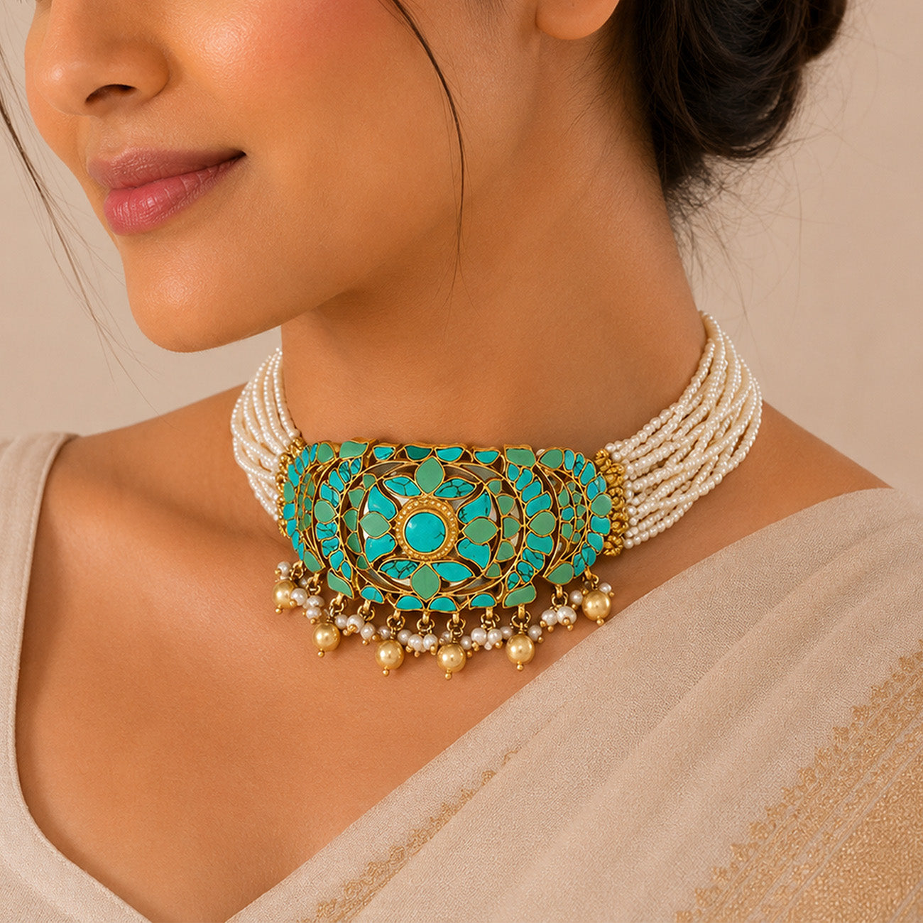 Turquoise Floral Kundan 925 Sterling Silver Pearl Necklace