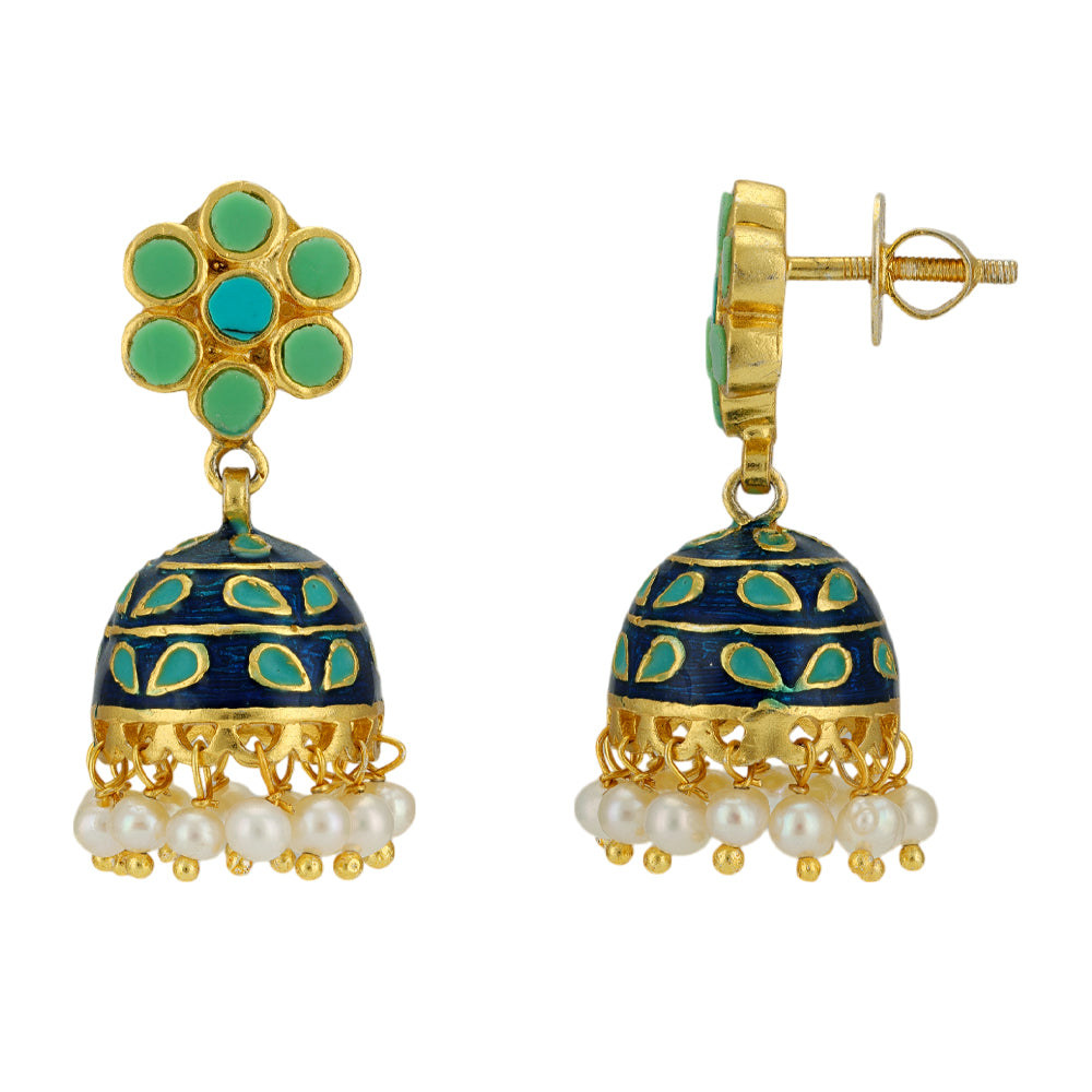 Turquoise 925 Gold Plated Pearl Drop Jhumka Earrings