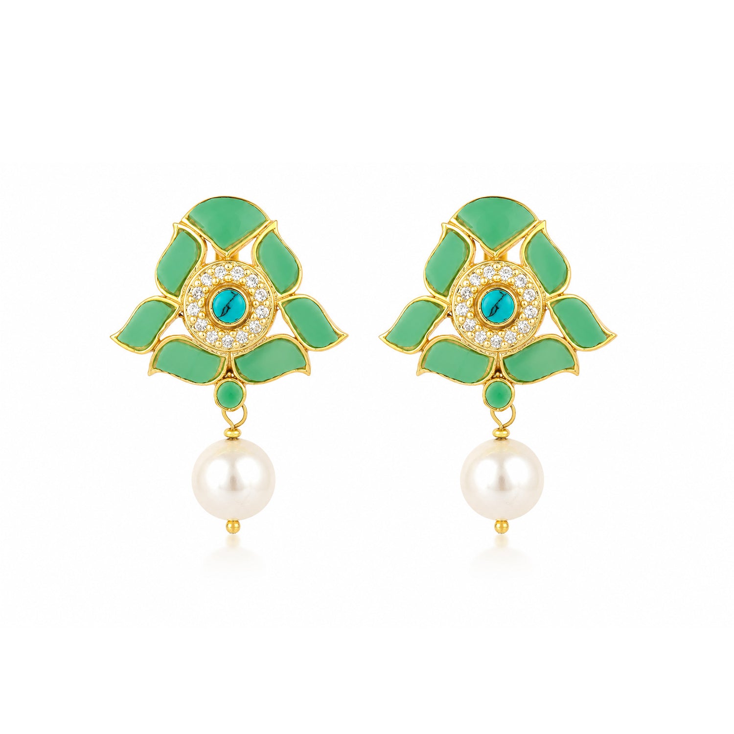 Turquoise Halo 925 Sterling Silver Pearl Drop Earrings