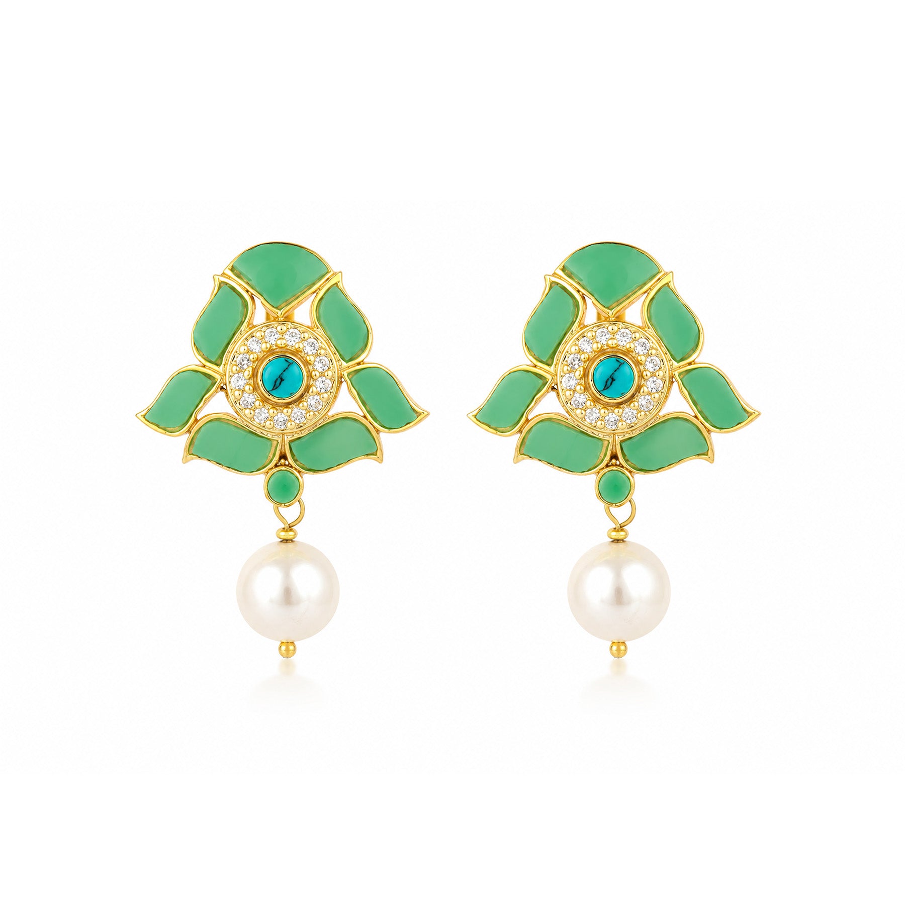 Turquoise Halo 925 Sterling Silver Pearl Drop Earrings